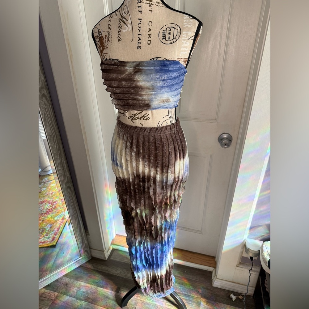 Fashion Nova Brown and Blue Strapless Two-Piece Maxi Dress